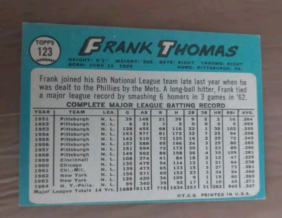 1965 TOPPS FRANK THOMAS BASEBALL CARD 123 NRMT eBay