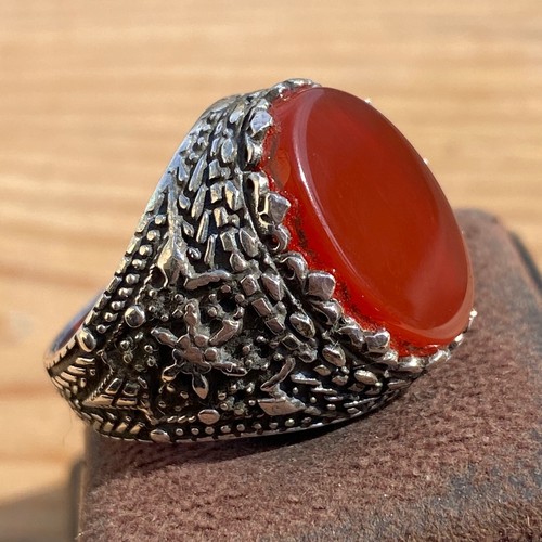 flate handmade 925 Sterling Silver Men's Ring with natural red Yemen Agate aqeeq - Picture 5 of 10