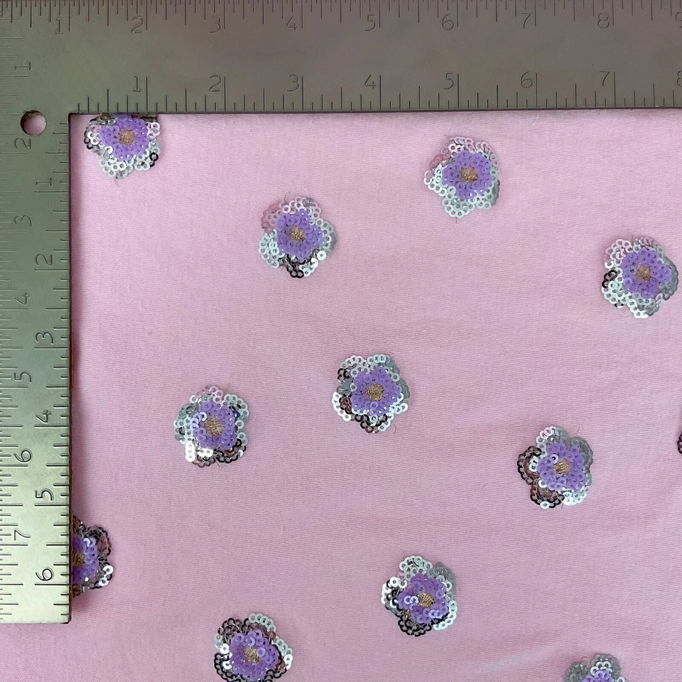 Pink floral sequined sweatshirt knit fabric 64” x 44” purple silver - Image 2 of 4