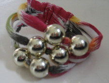 Girls GYMBOREE Pink Gray Yellow FABRIC Silver BEAD Stretch BRACELET 3 Rows FUN 