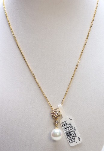 Aqua Gold Tone Cubic Zirconia Glass Pearl Flower Necklace $85 New