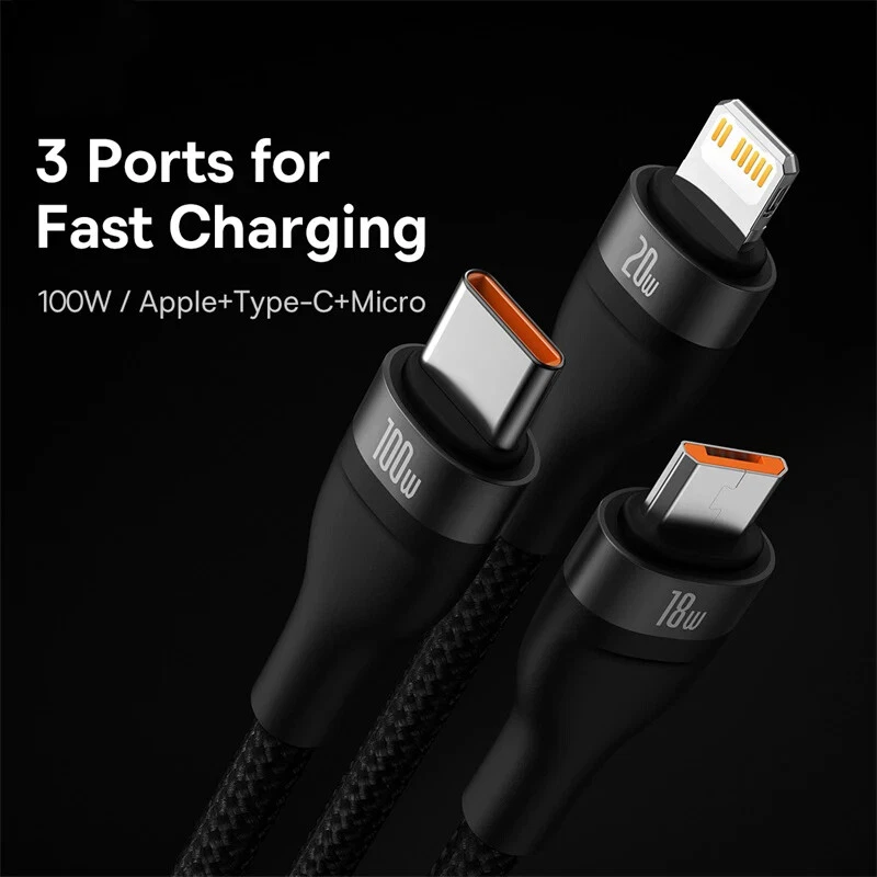 Baseus  100W 3 in 2 USB USB-C Micro USB Fast Charging Cable For iPhone Samsung - Image 2 of 4