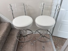 2 Hill Manufacturing Lucite Chrome Swivel Barstools Set White 1970s MCM 
