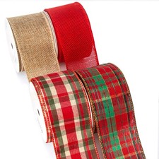 4 Rolls Wired Ribbon, Natural Red Burlap Plaid, 2 Inch x 20 Yard, Christmas...