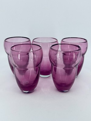 5 Vintage Libbey Amethyst Ripple Beehive Ridged 5''H Tumblers Pink Glasses 1960s