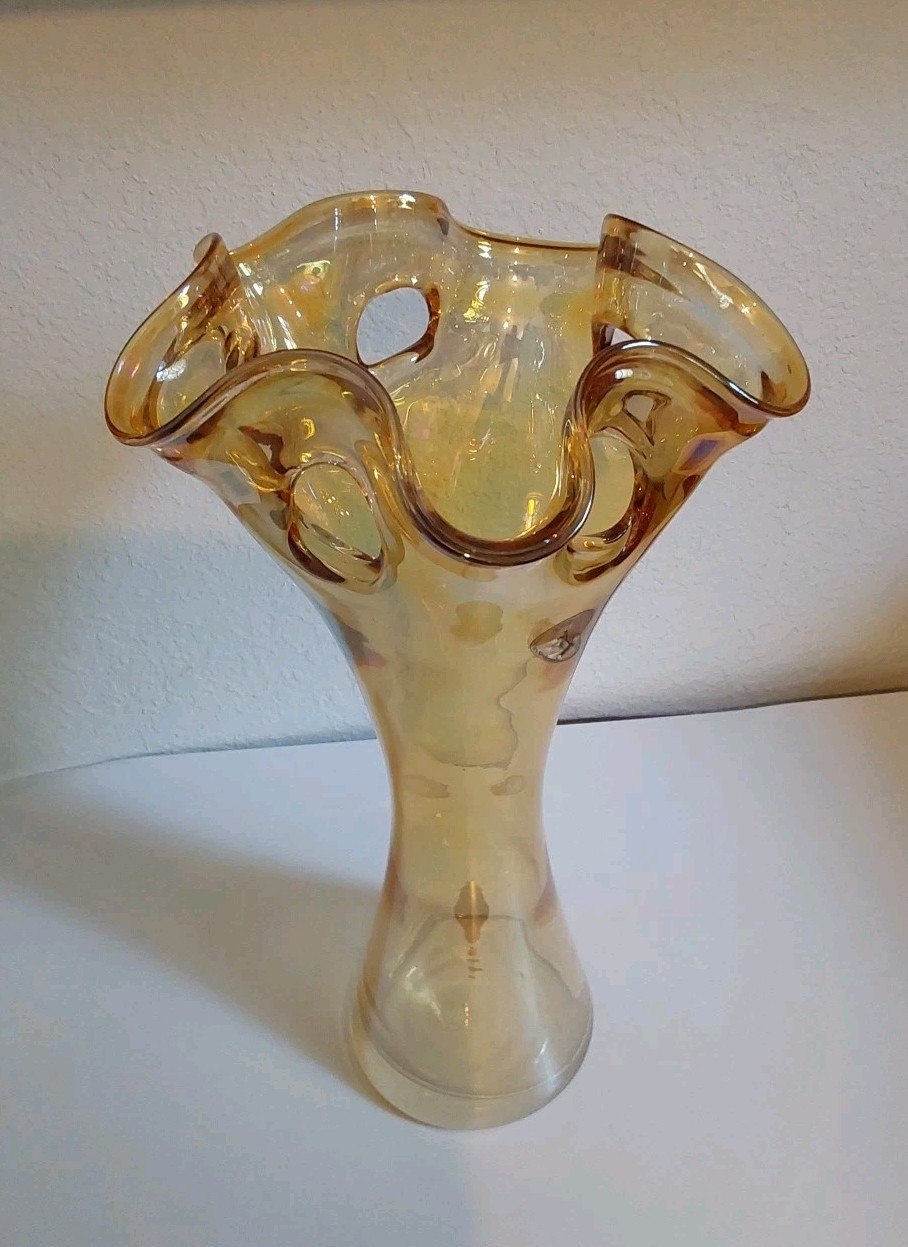 Zorza Poland Ruffled Art Glass Vase w/Tag-Amber w/Irredescence 14" Tall X 7.25 