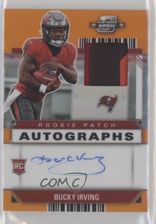 2024 Contenders Optic Rookie Orange Prizm 17/25 Bucky Irving Patch Auto v9t