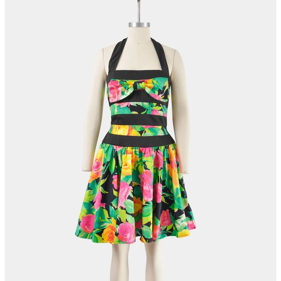 Mini Vestido Falda Círculo Algodón Halter Floral Rubí Lillie Vintage Años 80 Talla XS S Foto 3 de 4