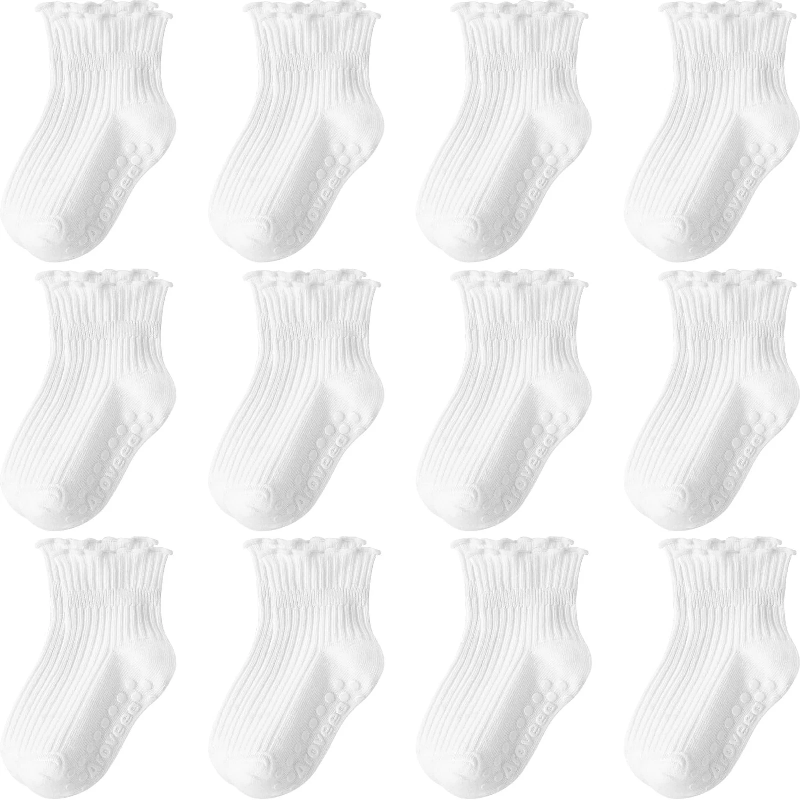 Aroveea Baby Toddler Socks Grip Non Slip Boys Girls Cotton 1-3T, Frilly White