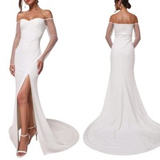 Lulus Eternally Beloved White Mesh Off-the-Shoulder Pearl Maxi Dress M NWT