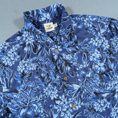 Flint and Tinder Button Down Shirt Mens Medium Blue Floral Cotton Linen Blend