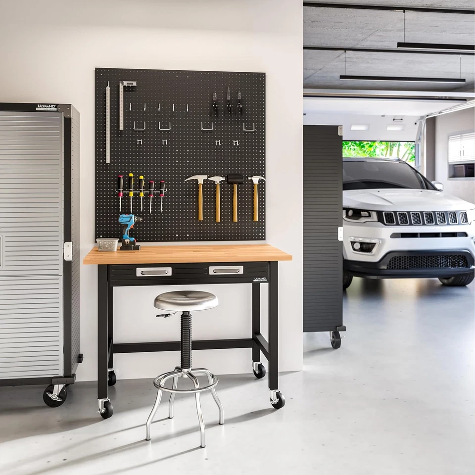 Banco de trabajo sobre ruedas 48", tapa de madera con cajón deslizante grafito Foto 2 de 4