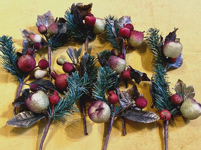 Lot Vintage Flocked Fuzzy Sugar Fruit Apple Pear Pomegranate Fir Greenery Decor