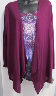 Womens 1X (16W) PLUM 1 piece Overlay Shirt & Inset Shirt Pullover Top WHITE STAG