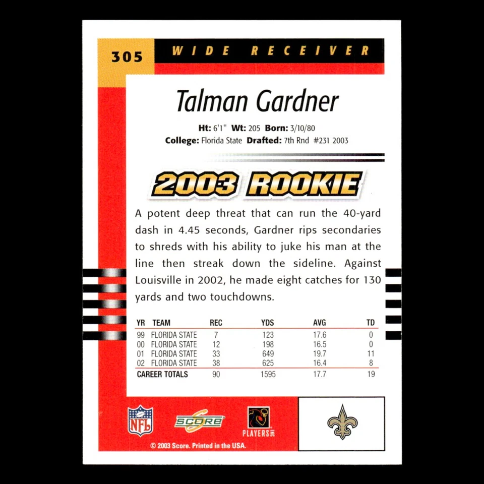 Talman Gardner Rookie #305 2003 Score New Orleans Saints Football Card NFL NM - Image 2 of 3