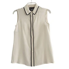 Boutique Moschino Sleeveless Blouse Shirt 100% Silk Cream Black Trim Button Sz 6