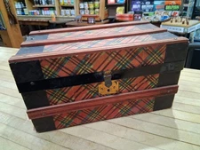 Antique Handmade Wooden Doll Steamer Trunk with Key, Tartan Paper