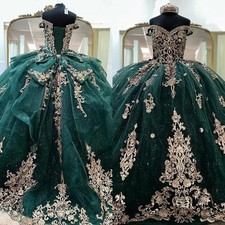 Glitter Green Quinceanera Dresses Ball Gown With Bow Gold Applique Lace Sweet 16