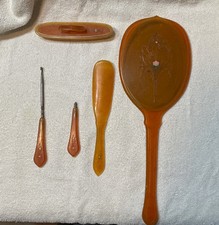 Vintage Honey Gold 5 Piece Celluloid Bakelite Dresser Vanity Set