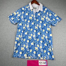 Tipsy Elves Polo Shirt Large Blue Tucan Floral Hawaiian Stretch Casual Beach Men