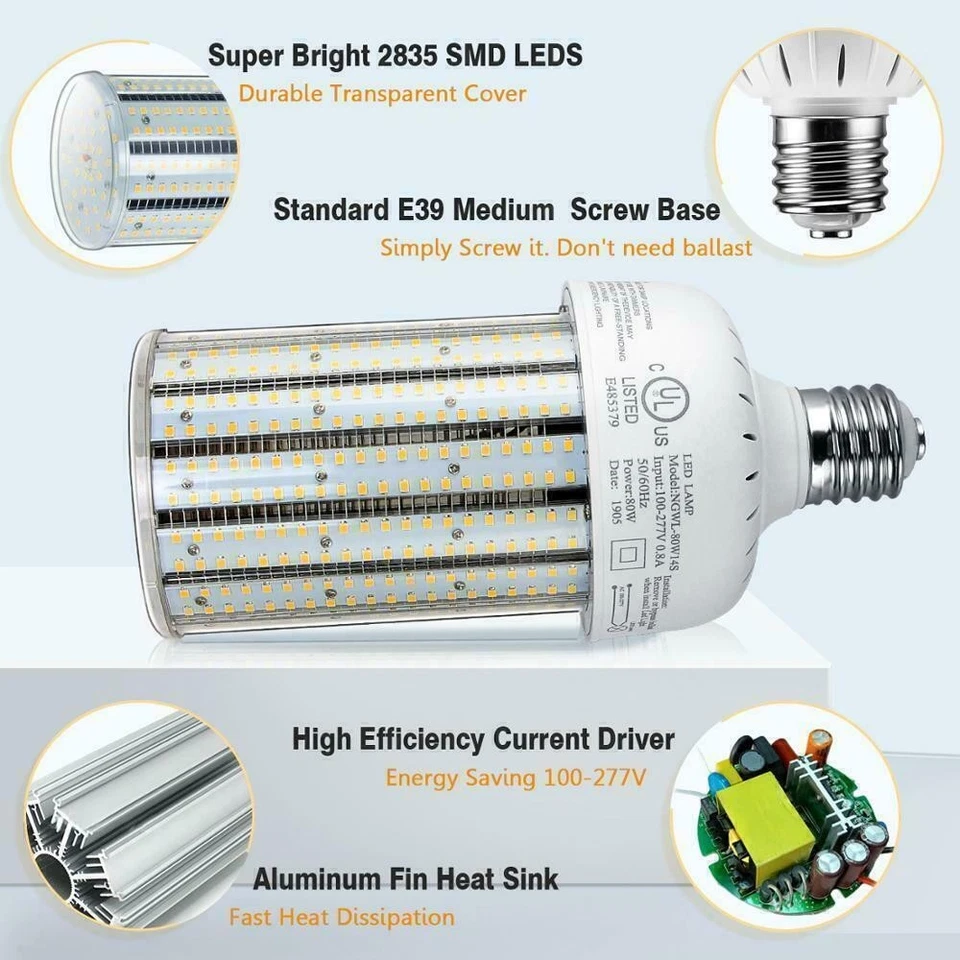 80W LED Corn Bulb Light E39 Mogul Base Parking Lot Warehouse Lighting AC277~480V - Image 3 of 4