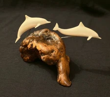 John Perry Vintage Pellucida Leaping Dolphins Sculpture Polished Manzanita Burl