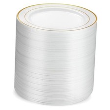 100 Gold Plastic Plates Set, 7 Inch Disposable Dessert White / Gold Rim