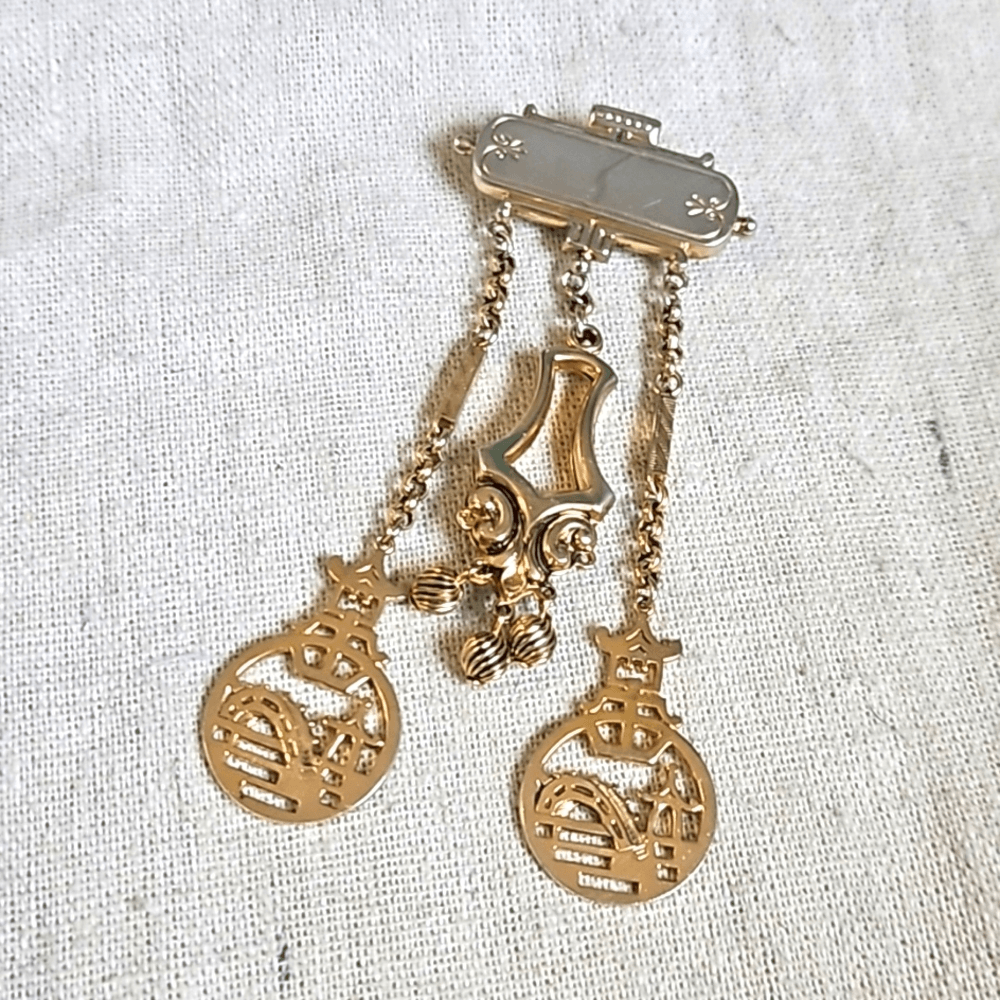 Antique Victorian Gold Filled Chatelaine Pin with Chinese Charms