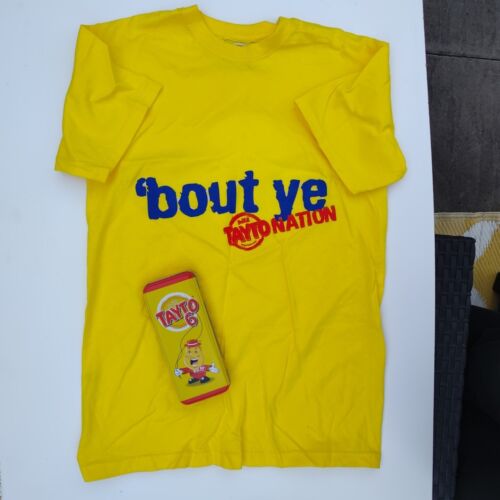 Tayto yellow cotton t-shirt ‘bout ye Size S Pencil tin pencil case crisps NI - Picture 16 of 17