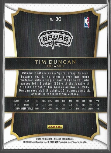 Tim Duncan 2015-16 Panini Select Base Concourse San Antonio Spurs HOF - Picture 2 of 2