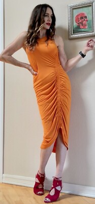 Veronica Beard Bright Orange Rutched Draped Bodycon Wiggle Dress S