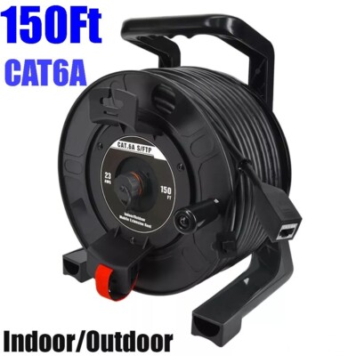 150Ft Cat6A RJ45 Ethernet Network Outdoor Shielded Cable Retract Extension Reel