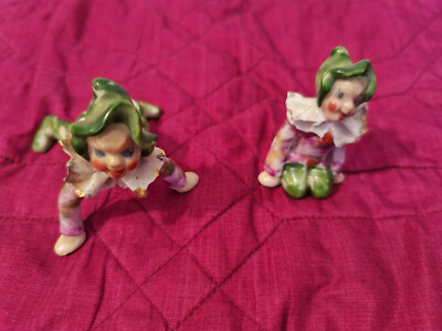 2 Vintage 1950s Made in Occupied Japan Pixie Elf Ceramic Figurine Clown