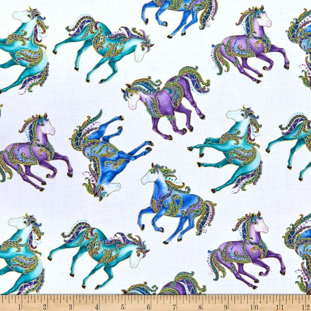 Fat Quarter 'Horsen Around' Metallic Reigning Horses 100% Cotton Fabric - White