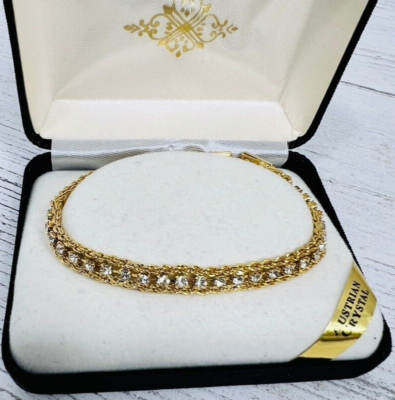 Gold Tone Double Rope Chain Austrian Crystal Bracelet 7.5
