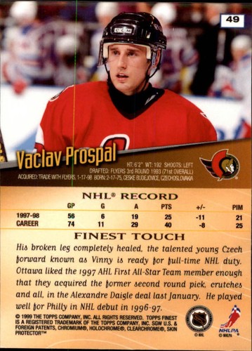 1998-99 Finest Senators Hockey Card #49 Vaclav Prospal - Picture 2 of 2