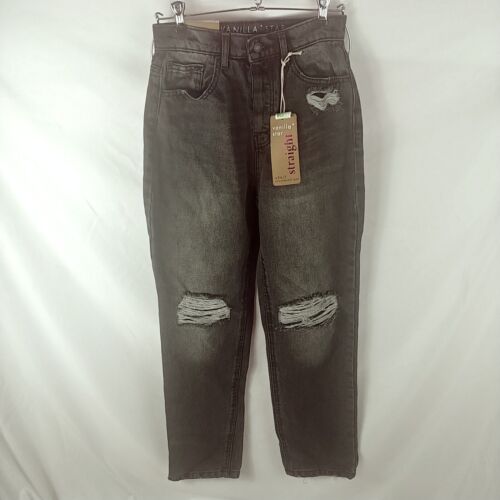 Vanilla Star 90s Straight Jean Women 3/26 Black Distressed Button Fly - Picture 1 of 8