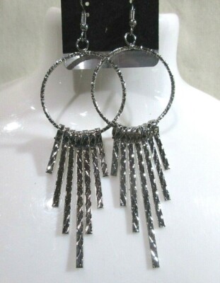 Silver Tone Hoop with Dangling Straight Crisscross Spikes 3'' Pierced Earrings