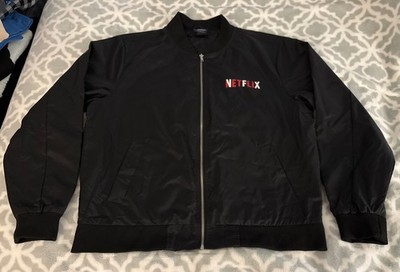 Netflix Black Windbreaker Jacket Mens Size Large Screen Print Zip Up