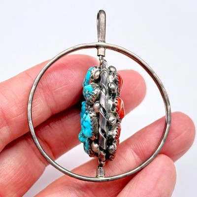 Vintage Navajo Native Turquoise Coral Double Side Stampwork Silver Pendant