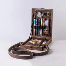 Wooden Artist Paint Box Bag w/ Strap Sketch Tool Brush Storage Case w/ Lid