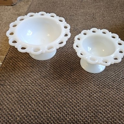 2 Vtg Lace Edge White Milk Glass Anchor Hocking/Old Colony Serving Bowl 5&7''