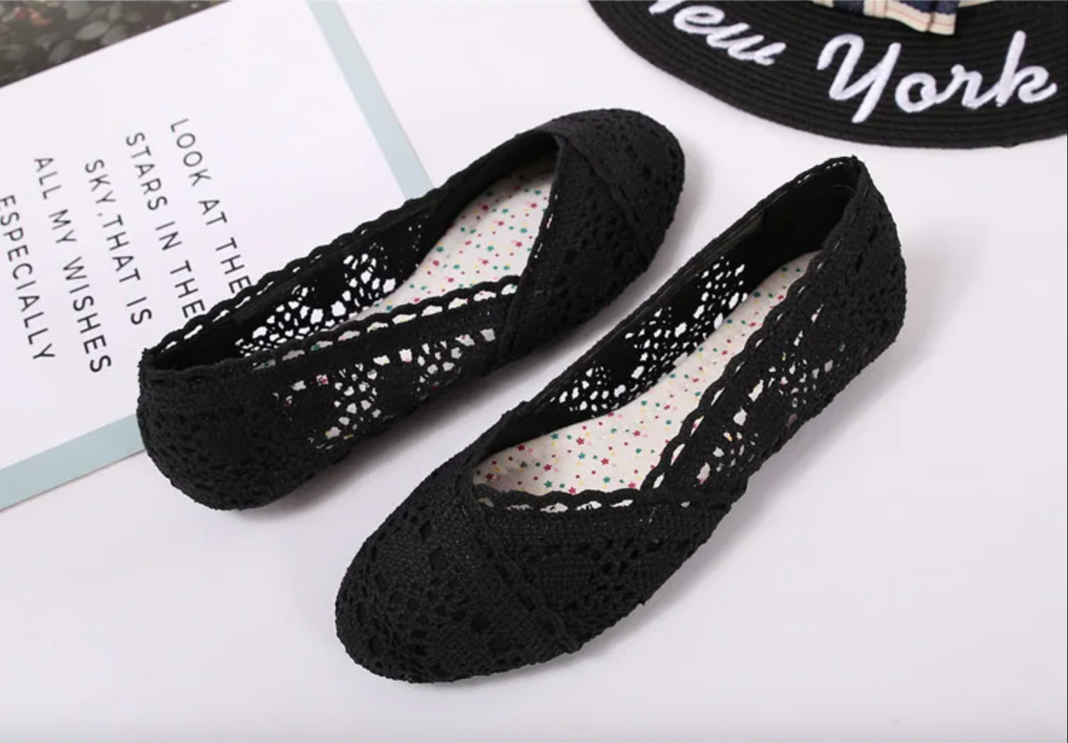 Women’s Flats Shoes Comfortable Crochet Lace Mesh Round Toe Slip On Casual Balle