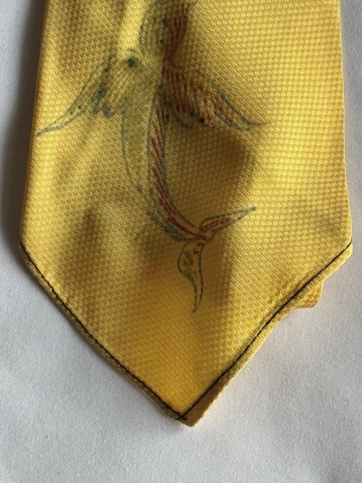Corbata vintage pintada a mano pez espada amarillo soleado, azul teniente, rojo para hombre 3,5x 48 Foto 4 de 4