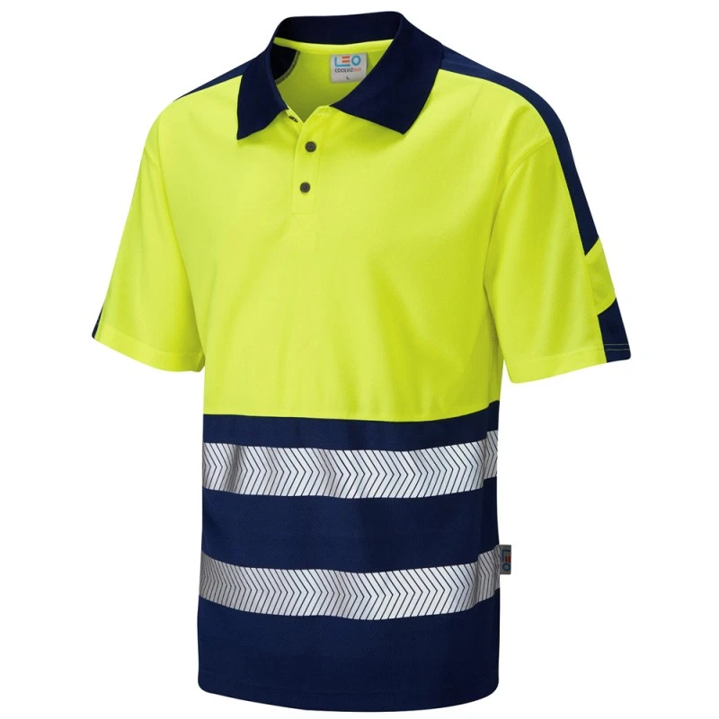 Leo WATERSMEET recycled sustainable high visibility yellow/navy polo shirt