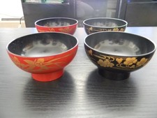 Traditional Owan Bowls Set of 4 Red & Black with Gold Accents