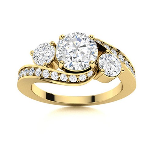 925 Silver Gold Plated Round White Topaz & white Topaz Three Stone Women Ring
