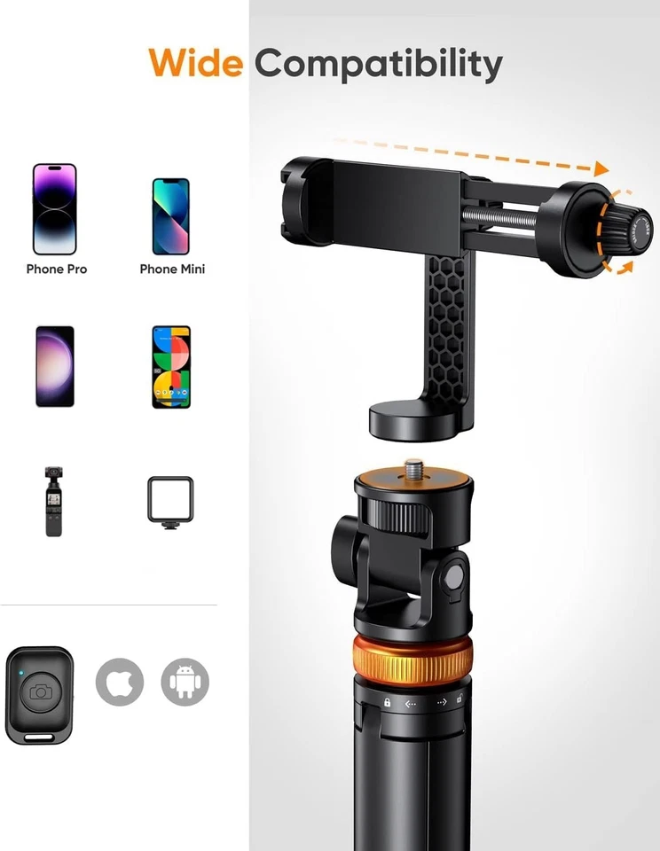 EUCOS 62" Phone Tripod, Tripod for iPhone & Selfie Stick with Remote, Extendable - Image 3 of 4