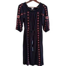 Ann Taylor Loft Xs Navy Blue Embroidered Tassle Dress off shoulder peasant Boho