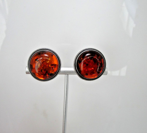Vintage Amber Baltic Cognac Dome Round Sterling Earring Clip Poland Gdansk by JM